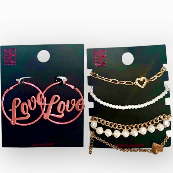 No Boundaries Pink Love Hoop Earrings and Assorted Faux Pearl Bracelet Set - Picture 1 of 3